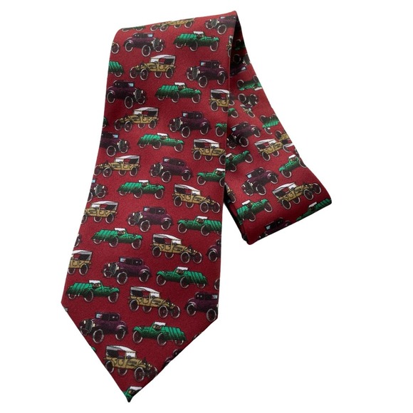 Handmade Vintage Cars Necktie Antique Vehicles Red Green Tan Rayon Retro - Picture 2 of 5